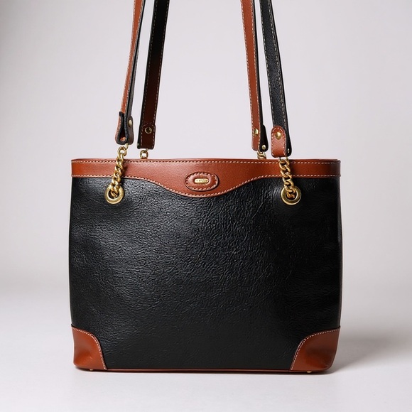 Bally Handbags - BALLY Vintage Black and Brown Genuine Pebbled Leather Tote Bag